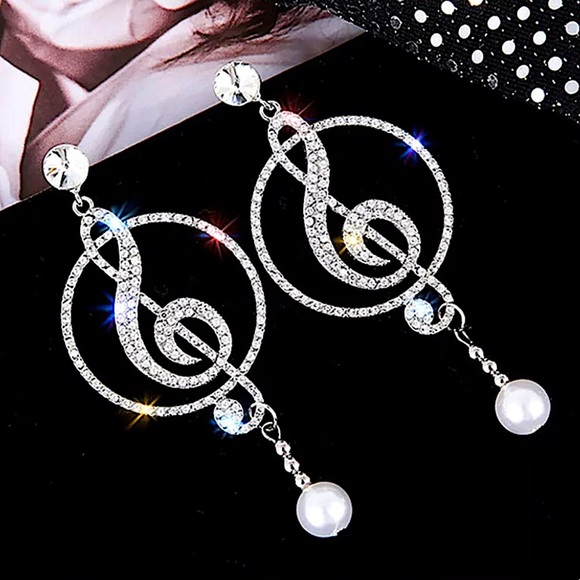 SILVER MUSIC NOTE RHINESTONE PEARL EARRINGS - Picture 4 of 5